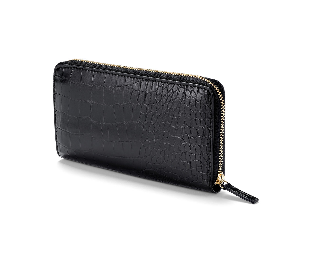 Schwarze Geldbörse mit Krokodillederstruktur und Reißverschluss.