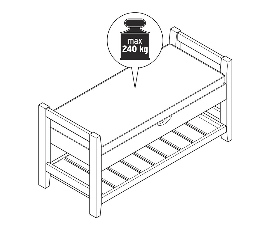Illustration einer Sitzbank mit viel Stauraum und einer maximalen Belastbarkeit von 240 kg.