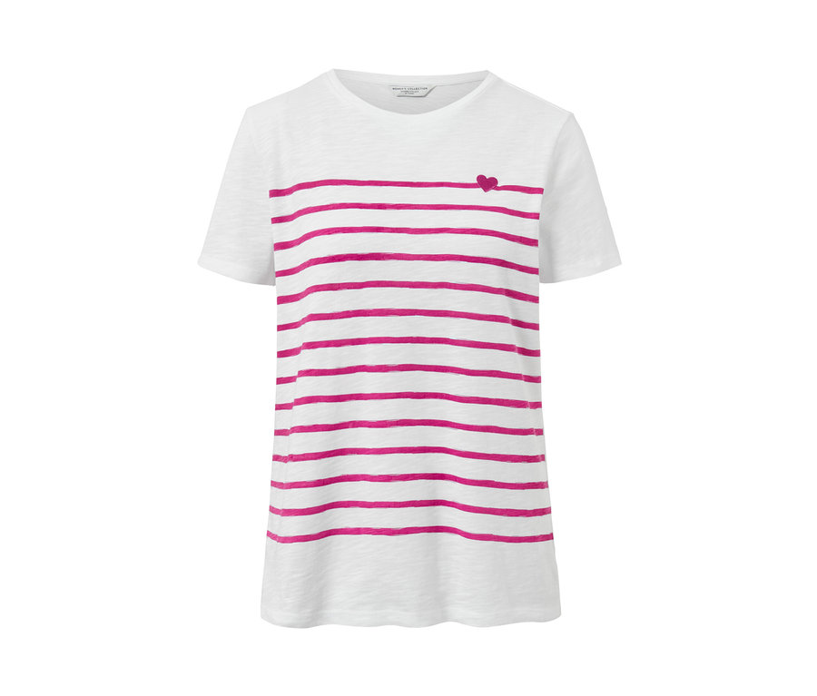 Weißes T-Shirt mit rosa Streifen und kleinem Herz.