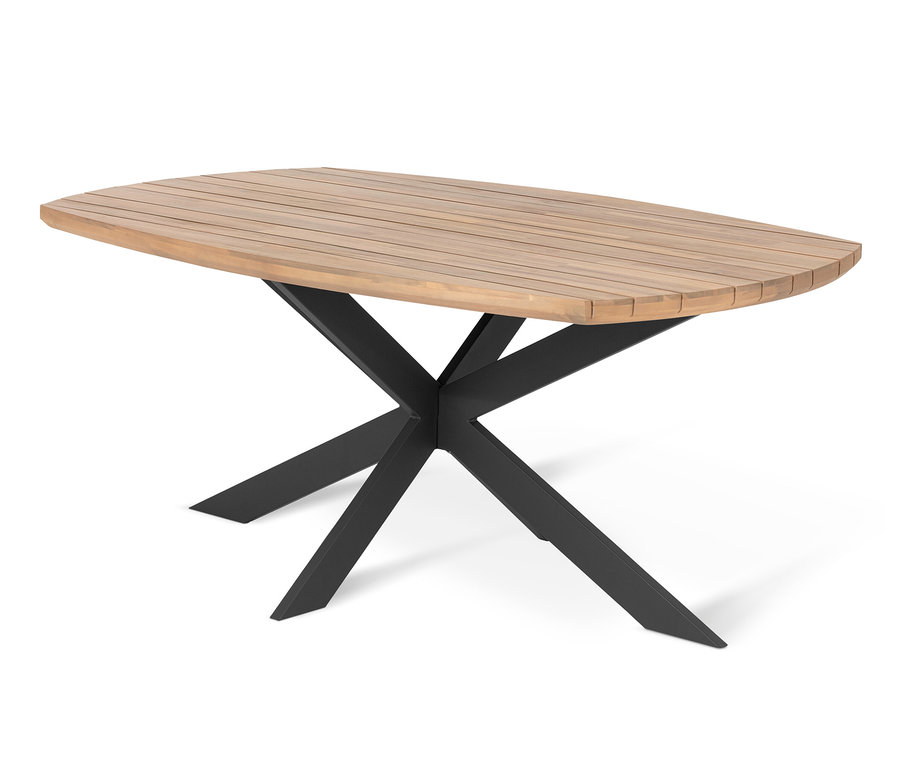 Rechteckiger Esstisch mit Holzplatte und schwarzem Metallfuß in X-Form, ca. 1,8 m.