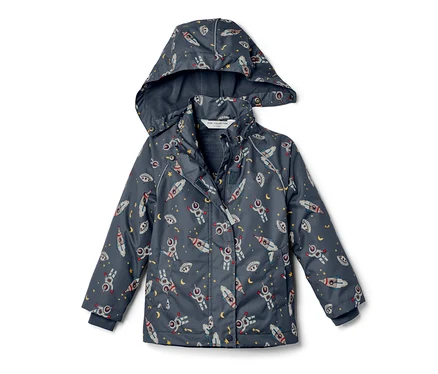 Dunkelblaue Kinder-Thermo-Regenjacke mit Weltraum-Motiv.