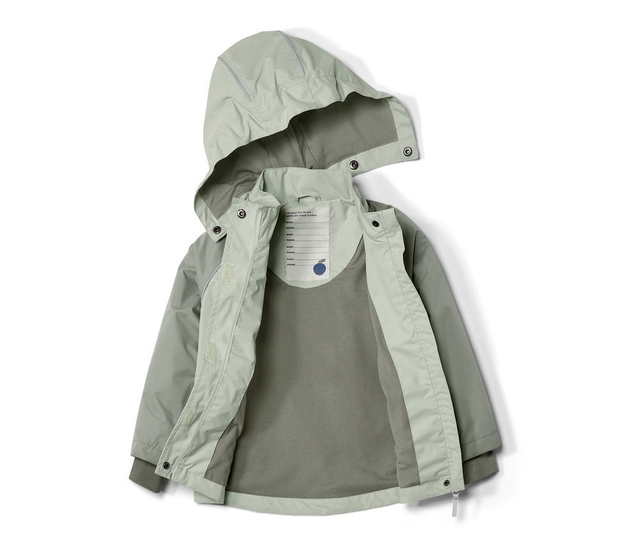 Offene Kleinkind-Regenjacke, Colorblock in Grüntönen.