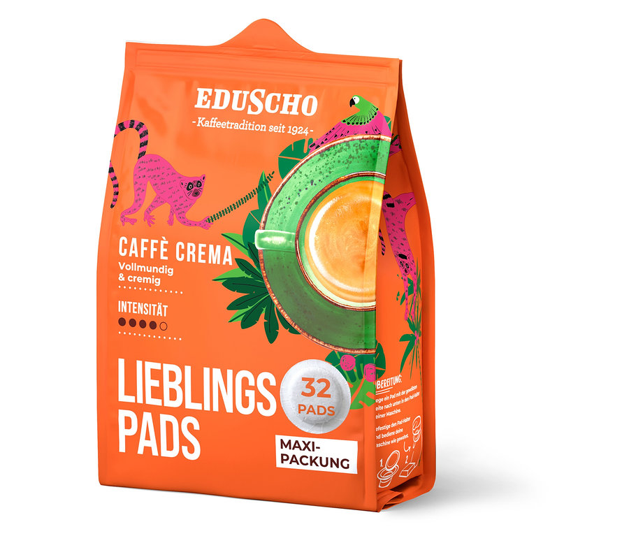 Orangefarbene Packung Eduscho Lieblingspads Caffè Crema mit Tierabbildungen und einer Tasse Kaffee.