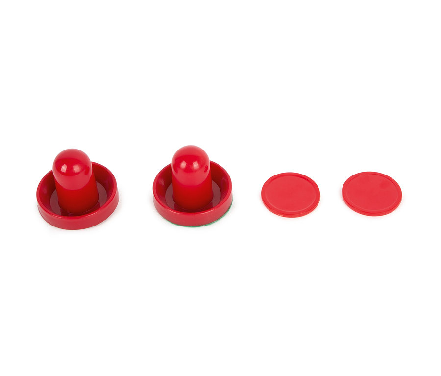 Zwei rote Airhockey-Schläger und zwei Pucks auf einem weißen Hintergrund. small foot Air-Hockey-Champion