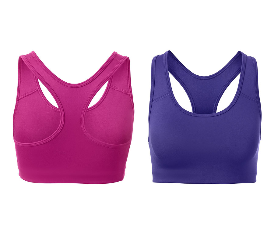 Zwei Sport-Bustiers: Einer in Fuchsia und einer in Dunkellila.