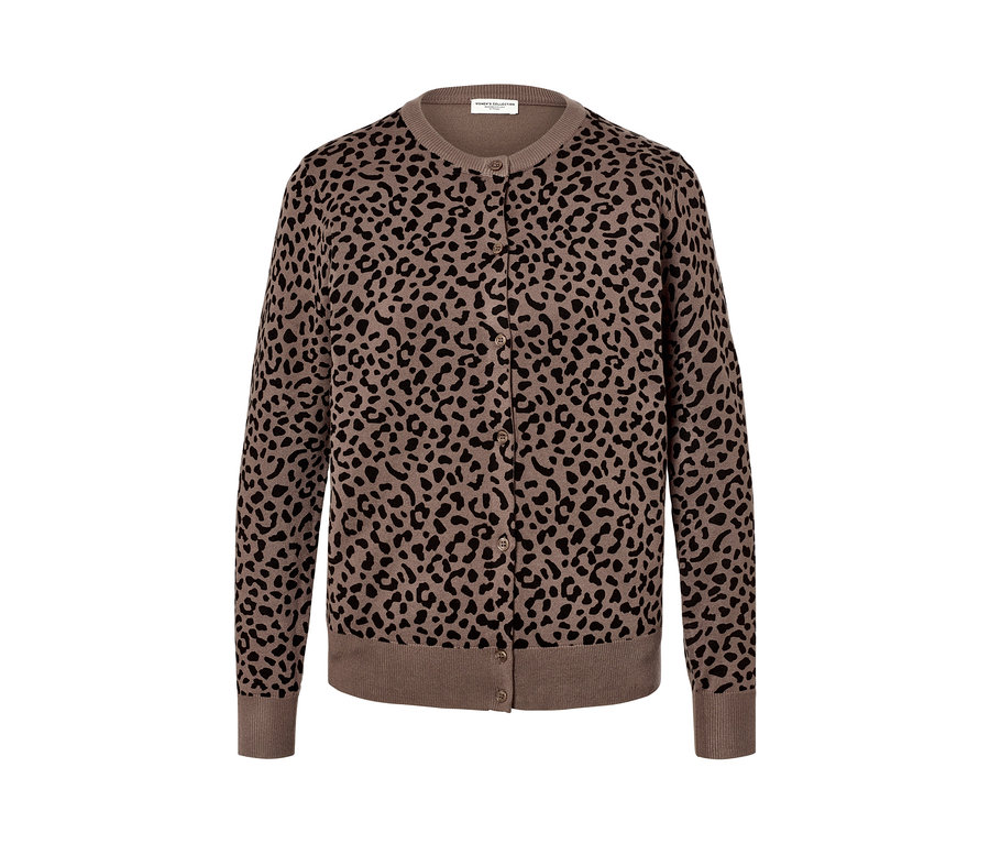 Ein brauner Feinstrick-Cardigan mit Leopardenmuster.