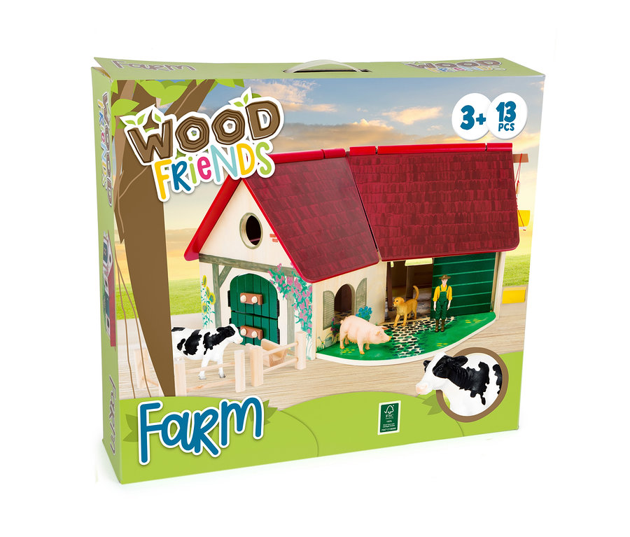 Verpackung des small foot Bauernhofs »Woodfriends« mit Abbildung eines Bauernhofs und Tieren.
