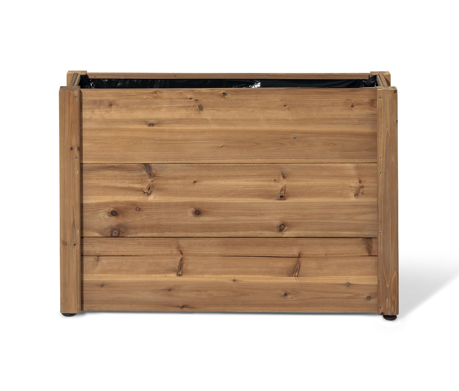 Detailansicht eines Treppenhochbeets mit 3 Ebenen »Tinus« aus braunem Holz.