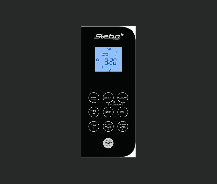 Schwarzes Bedienfeld des Steba Brotbackautomaten mit LCD-Display und Tasten zur Einstellung von Gewicht, Farbe, Zeit und Programm.