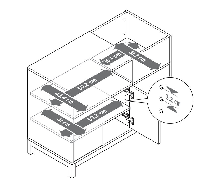 Skizze eines Schranks mit Regalen und Abmessungen.