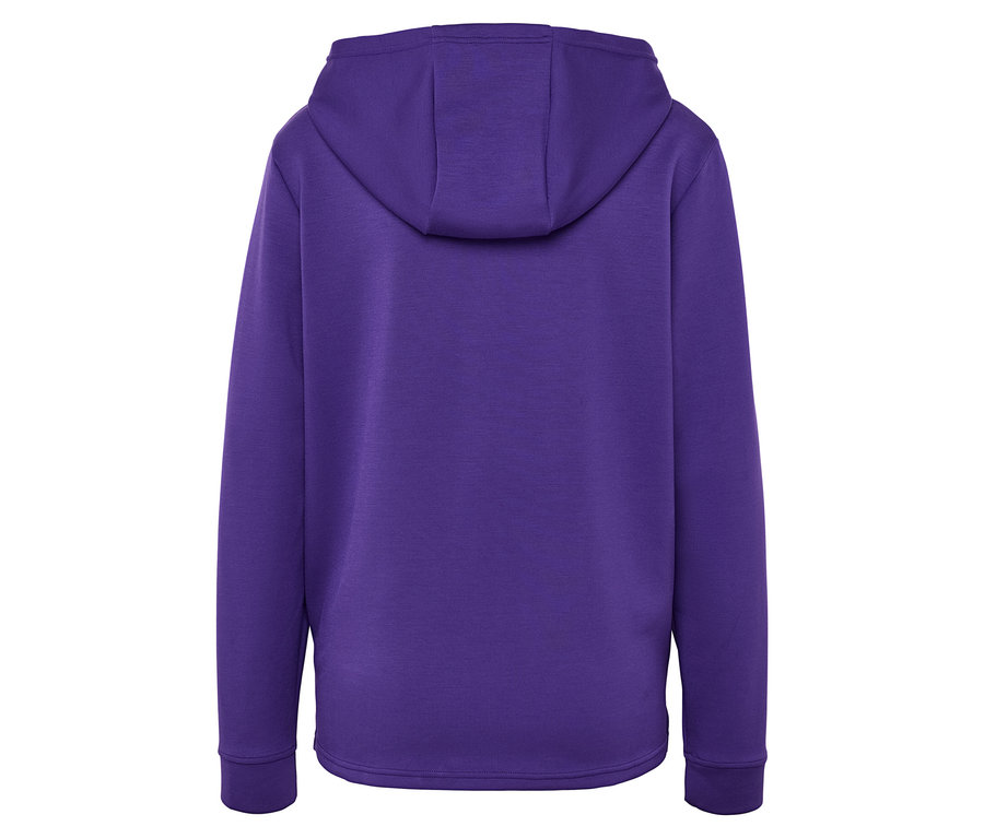 Rückansicht eines violetten Kapuzenpullovers.