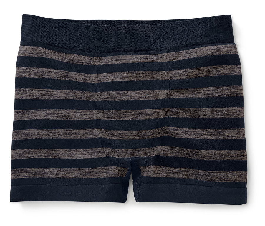Nahaufnahme einer gestreiften Microfaser-Slipboxer in Blau und Grau.