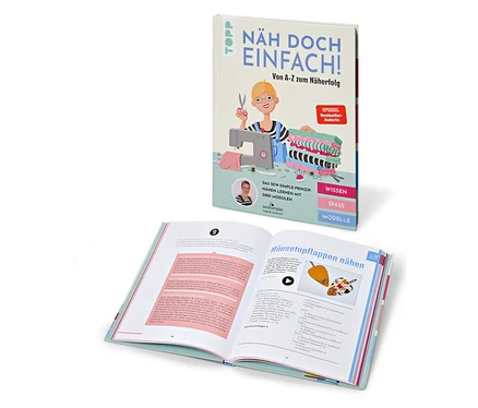 Das Buch "Näh doch einfach" liegt geöffnet neben einem stehenden Buch "Näh doch einfach".