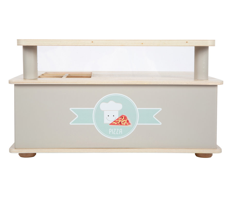 Spielzeug-Theke mit Pizza-Aufdruck.