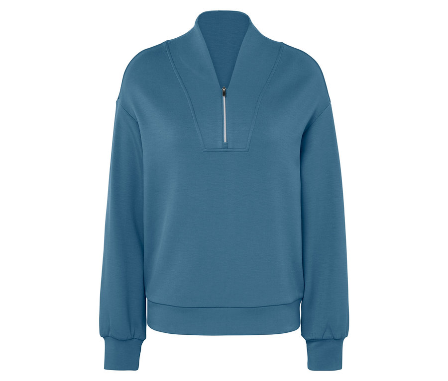 Blaues Sweatshirt mit langen Ärmeln und kurzem Reißverschluss.
