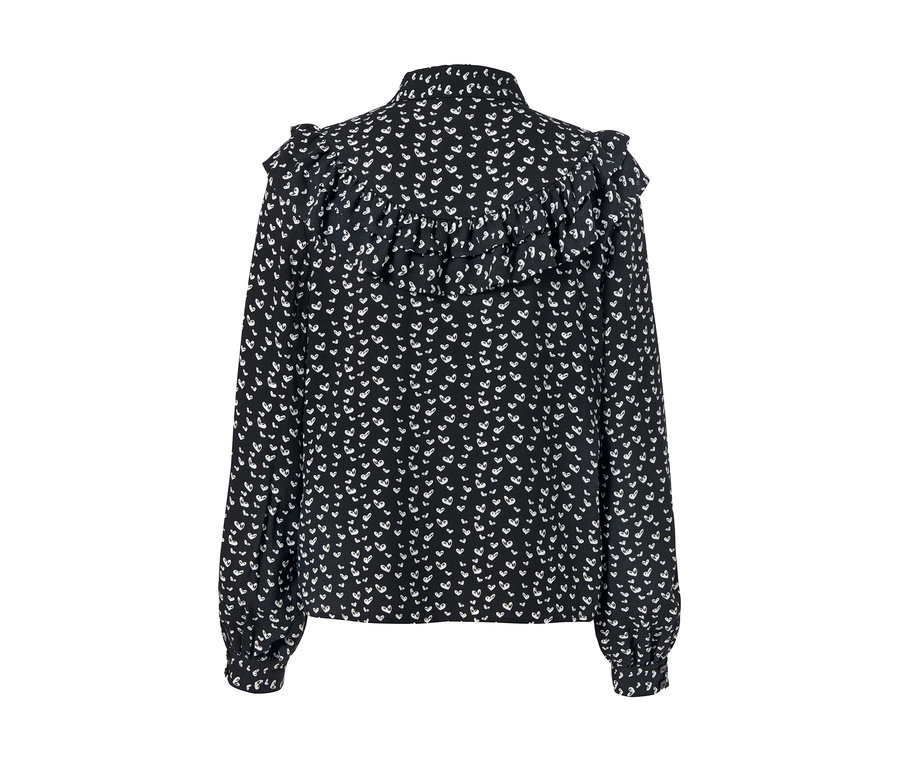 Eine schwarze Bluse mit Print und langen Ärmeln.