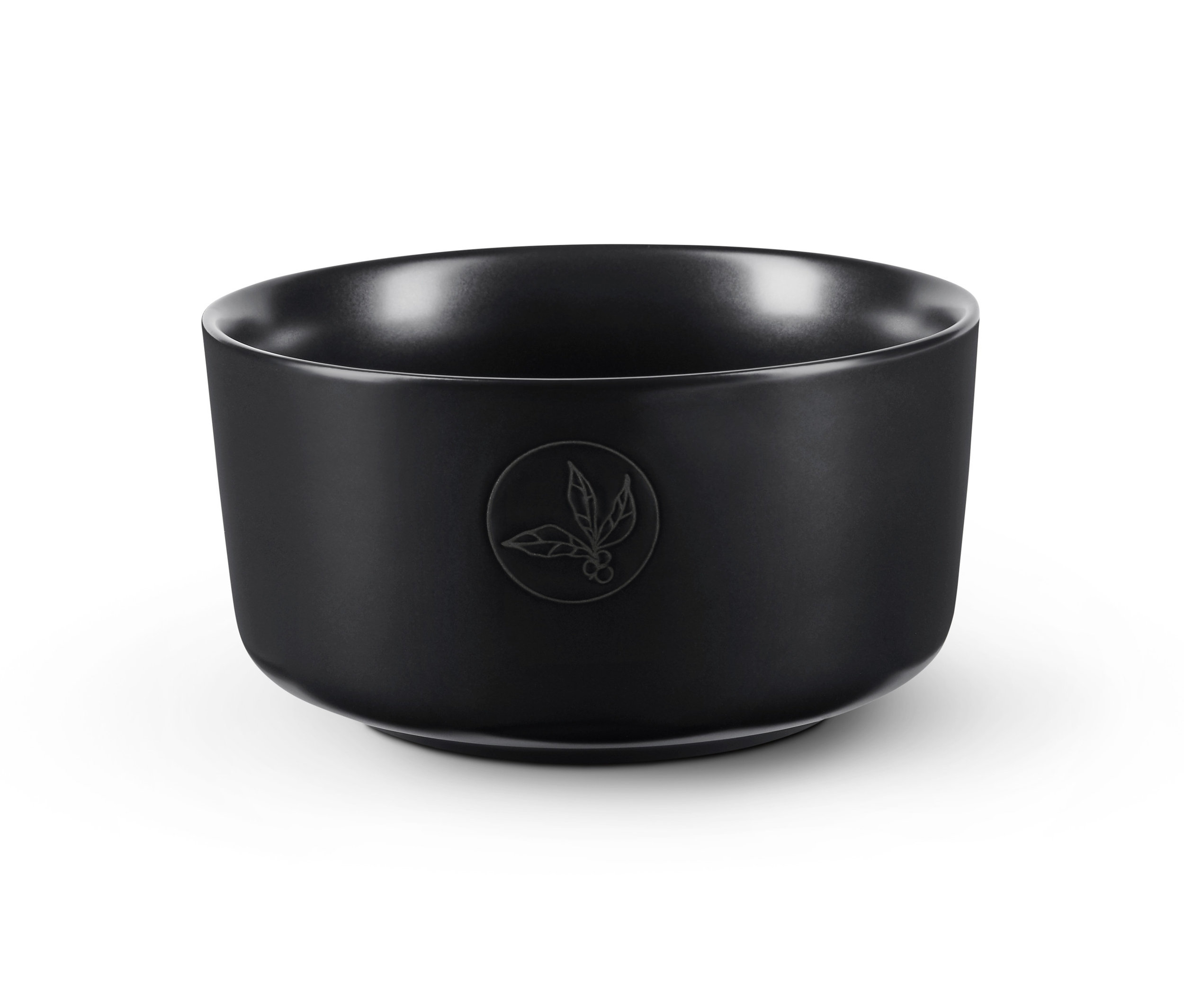 Eine schwarze Schale mit einem Blatt-Logo in der Mitte.