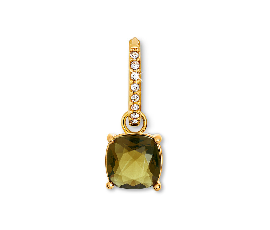 Goldener Ohrringanhänger mit olivgrünem Stein und klaren Zirkonia.