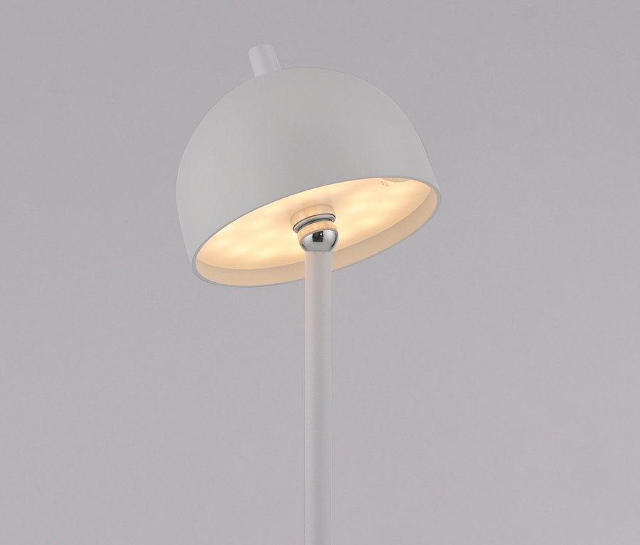 Detail einer weißen Lampe mit kugelförmigem Schirm und silbernem Detail.