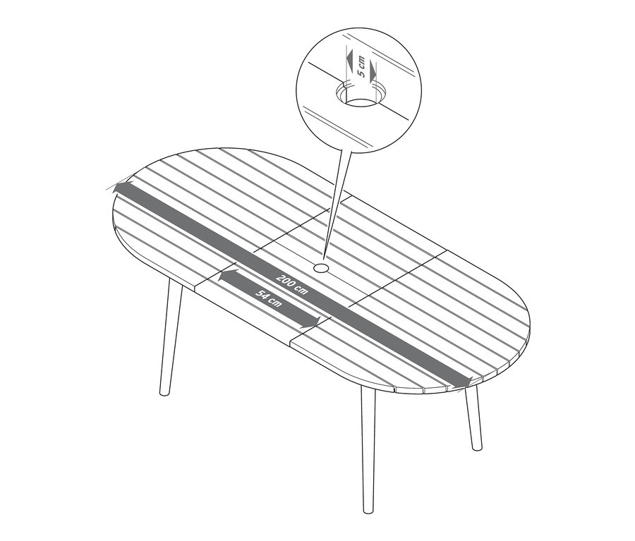 Illustration eines ovalen Ausziehtischs mit markierten Abmessungen und Details.