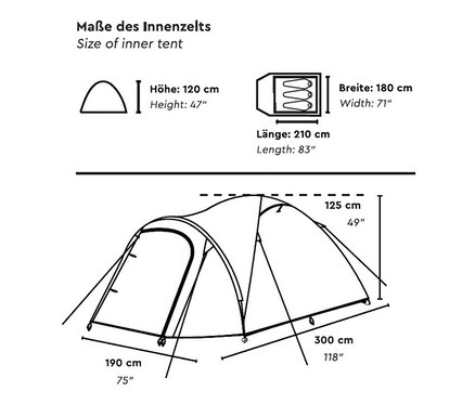 Abbildung des Tambu 3-Personen-Kuppelzelts »HAIKA 3« mit Größenangaben.
