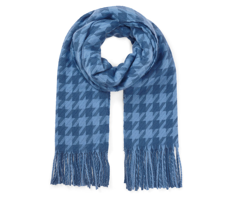 Blauer Hahnentrittschal mit Fransen auf weißem Hintergrund.