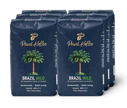 Sechs Packungen Privat Kaffee Brazil Mild - 6x 500 g Ganze Bohne.