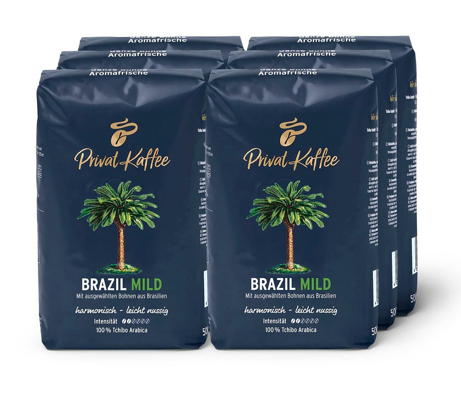 Privat Kaffee Brazil Mild - 6 x 500 g Ganze Bohne