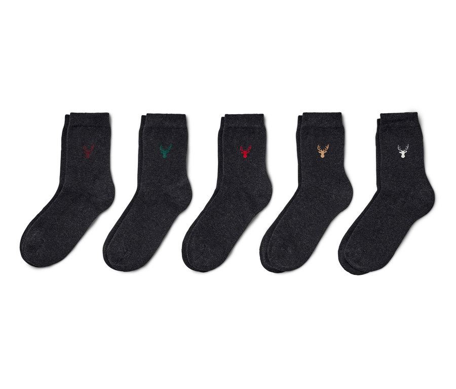 Fünf Paar graue Socken mit Hirschstickerei in Burgunderrot, Grün, Rot, Braun und Weiß.