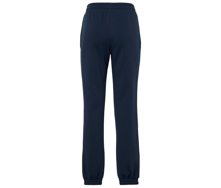 Rückansicht einer marineblauen Jogginghose mit elastischem Bund und Bündchen.