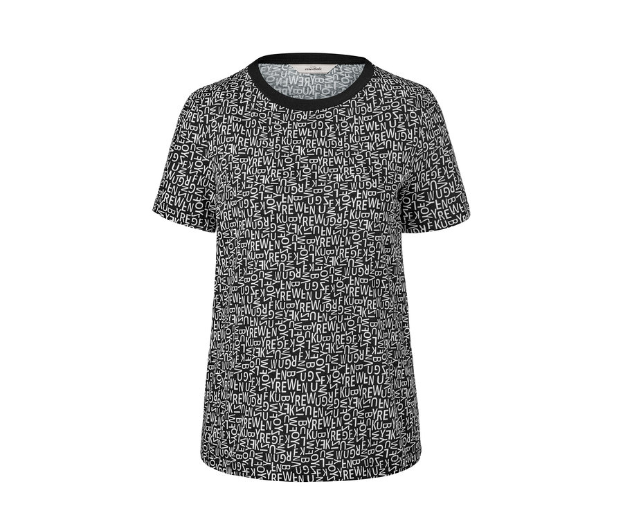 Schwarzes, kurzärmeliges T-Shirt mit weißem Buchstabenmuster.