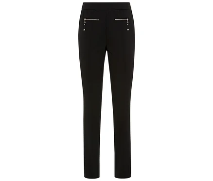 Schwarze Olsen Hose, slim, mit Reißverschlusstaschen oben.