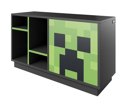 Ein roba Minecraft TV-Lowboard »Creeper« in Schwarzgrau mit einem grünen Creeper-Motiv auf der Tür.