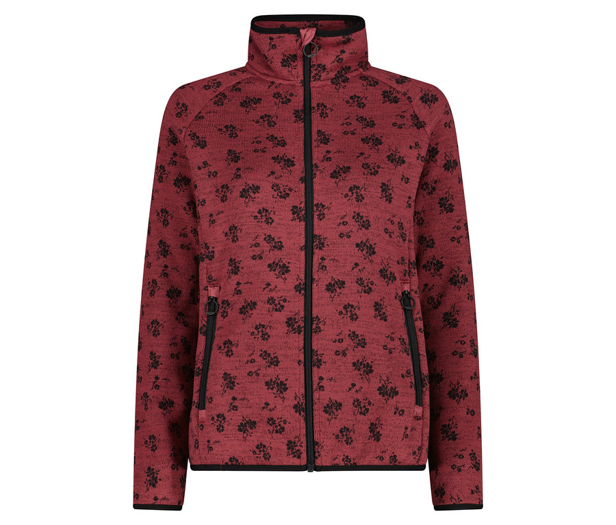 Eine weinrote Fleecejacke mit Reißverschluss und schwarzem Blumenmuster.
