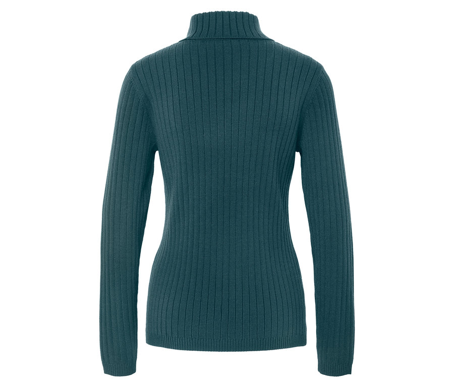 Rückansicht eines smaragdgrünen Rollkragenpullovers mit langen Ärmeln und Rippstrick.