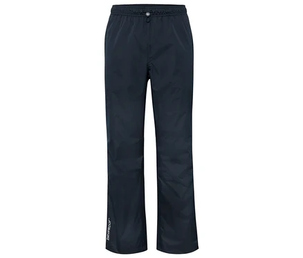 Dunkelblaue Regenhose mit Gummibund und DRYPROOF™-Schriftzug am Bein.
