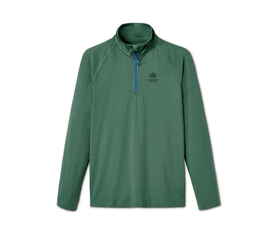 Grünes Funktionsshirt mit langen Ärmeln und blauem Reißverschluss.
