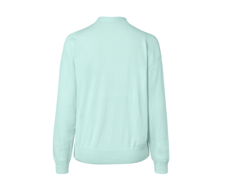 Hellgrüner Cardigan mit V-Ausschnitt von hinten.
