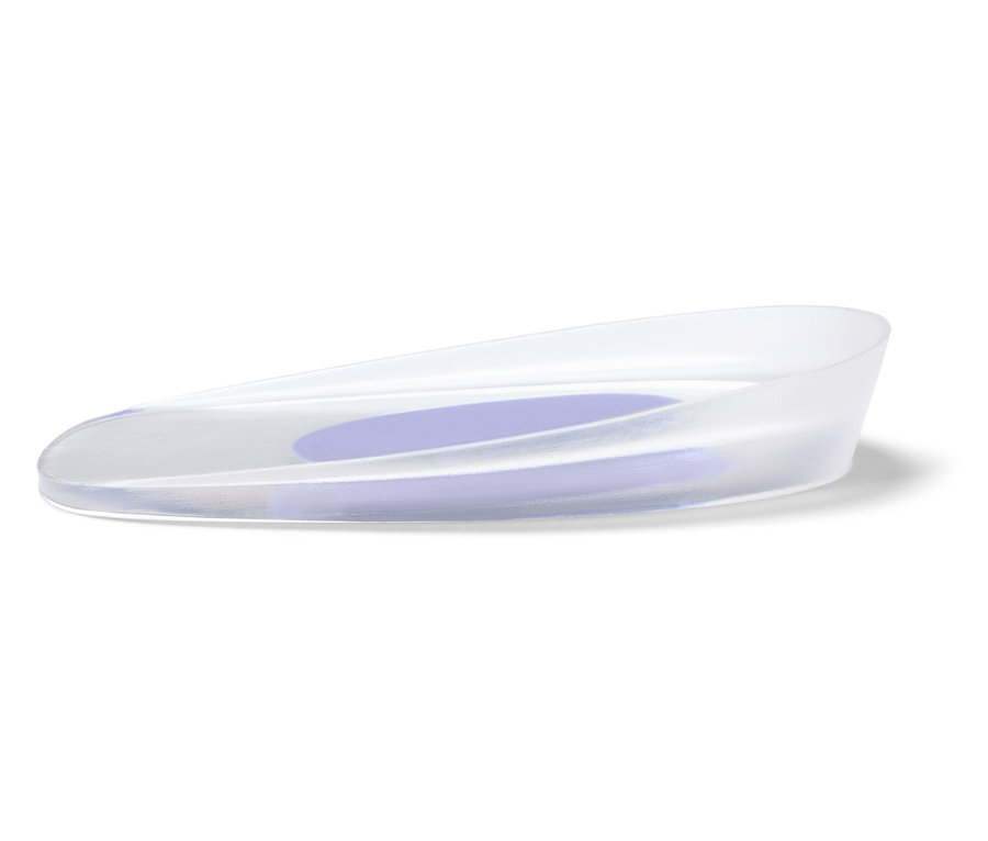 Durchsichtiger Fersenkeil mit violettem Oval auf weißem Hintergrund.