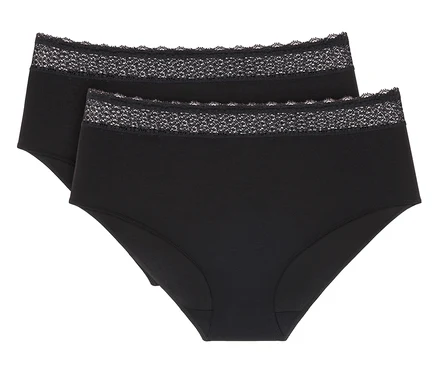 Zwei schwarze Damenslips mit Spitze am Bund.