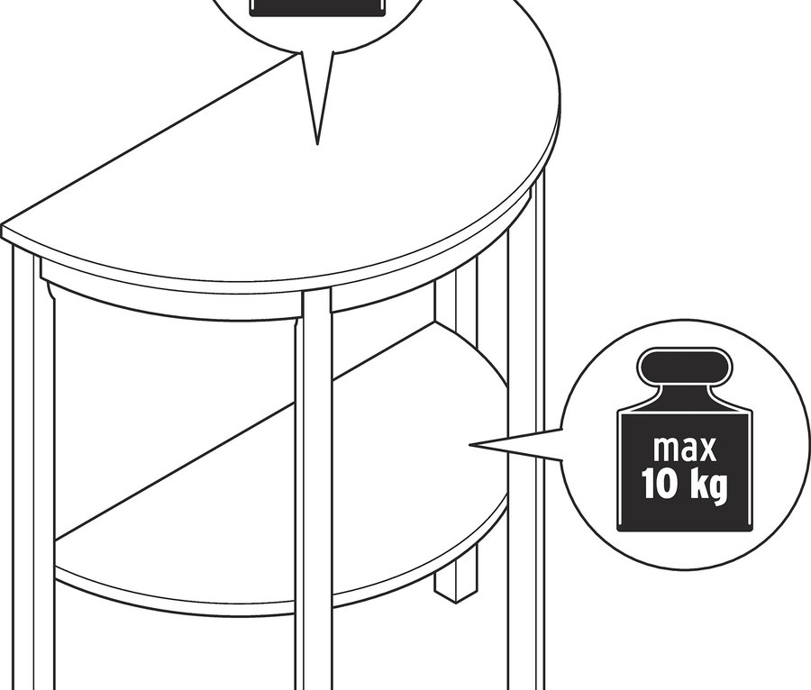 Zeichnung einer halbkreisförmigen Konsole mit einer maximalen Tragfähigkeit von 15 kg oben und 10 kg unten.