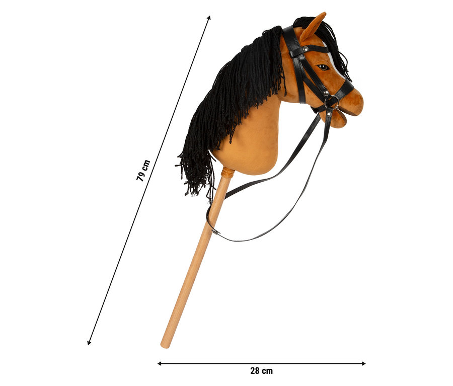Braunes Steckenpferd mit schwarzer Mähne und Zaumzeug.
