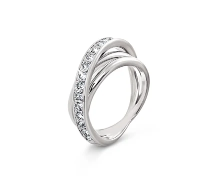 Silberner Ring mit sich kreuzenden, mit Kristallen besetzten Bändern.
