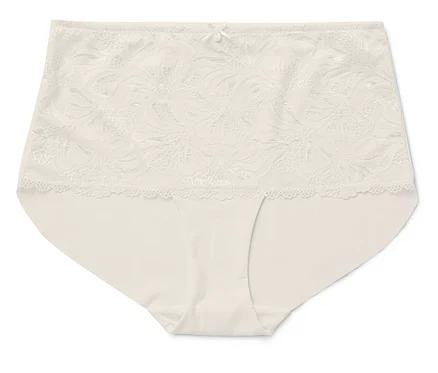 Beige Damenslips mit floraler Spitze und Schleife an der Taille.