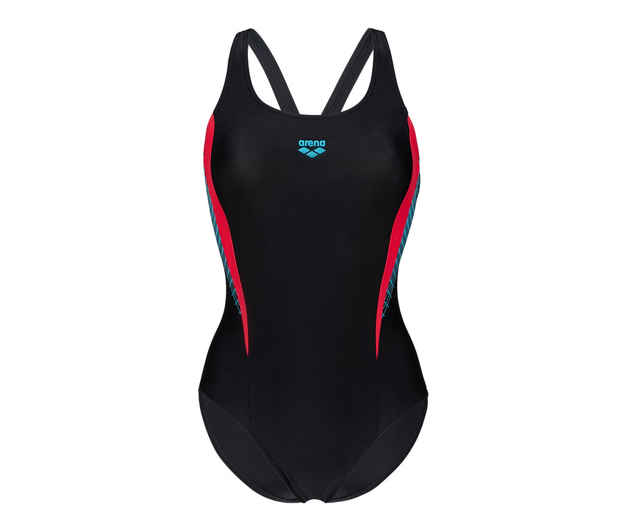 Schwarzer Arena Sport-Badeanzug mit roten und blauen Details.