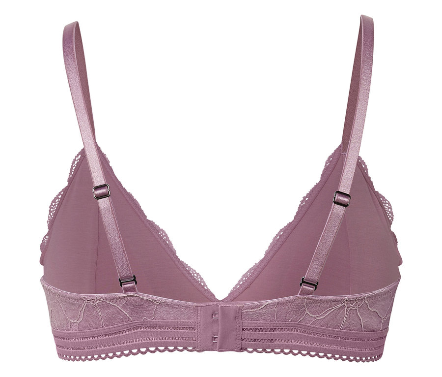 Detailaufnahme eines lilafarbenen Spitzen-BHs von hinten.