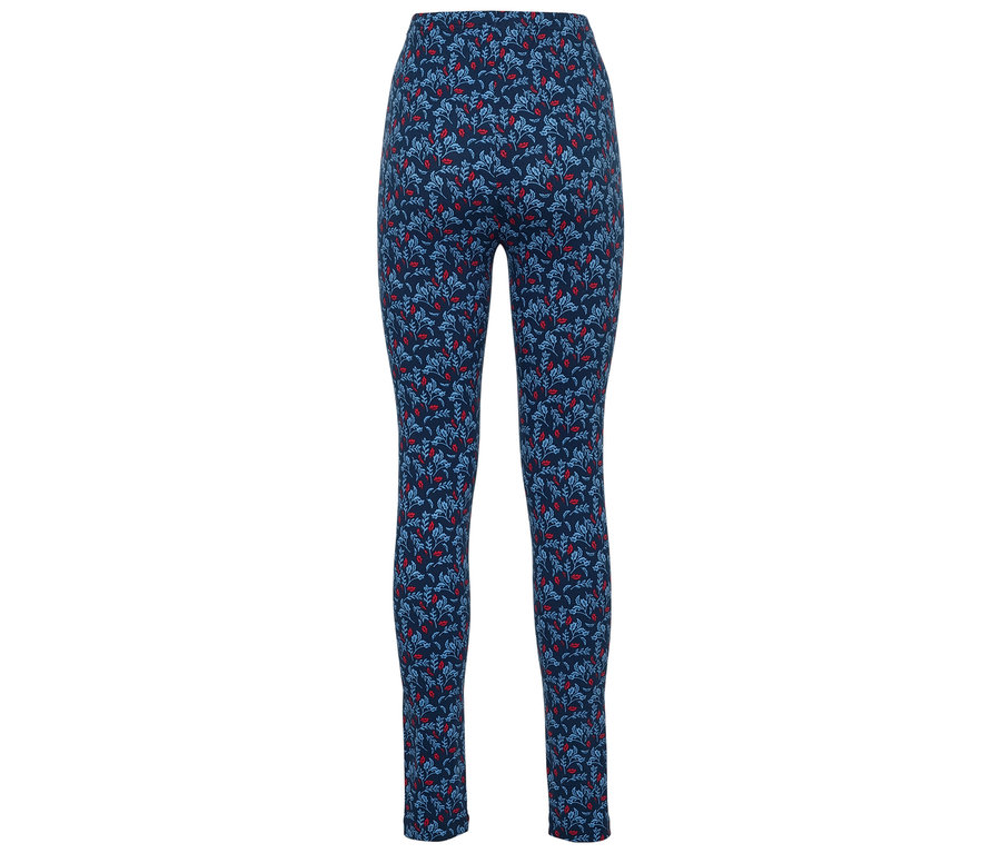 Blaue Leggings mit rotem Blumenmuster.
