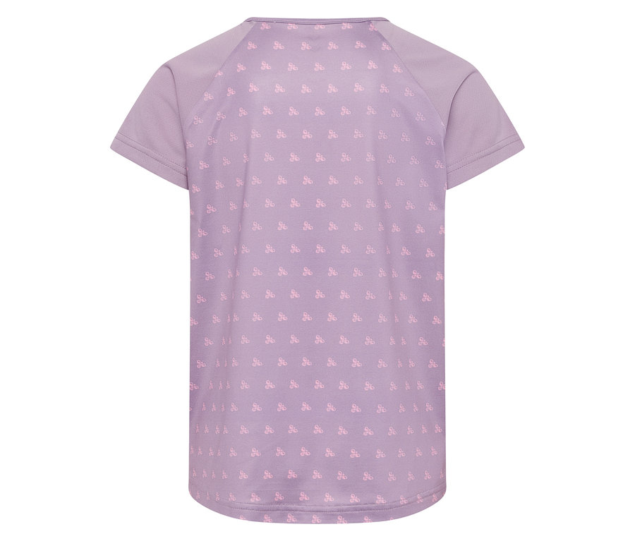 Rückansicht des lila hummel® HMLJR Mix T-Shirts mit kleinem, sich wiederholendem, hellrosa Logomuster.