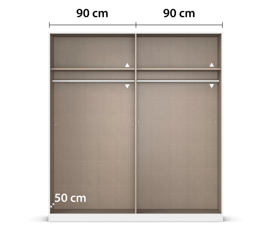 Innenansicht eines Schranks mit zwei Fächern, einer Kleiderstange und einem Regalbrett. Die Breite beträgt 90 cm pro Fach und die Tiefe 50 cm.