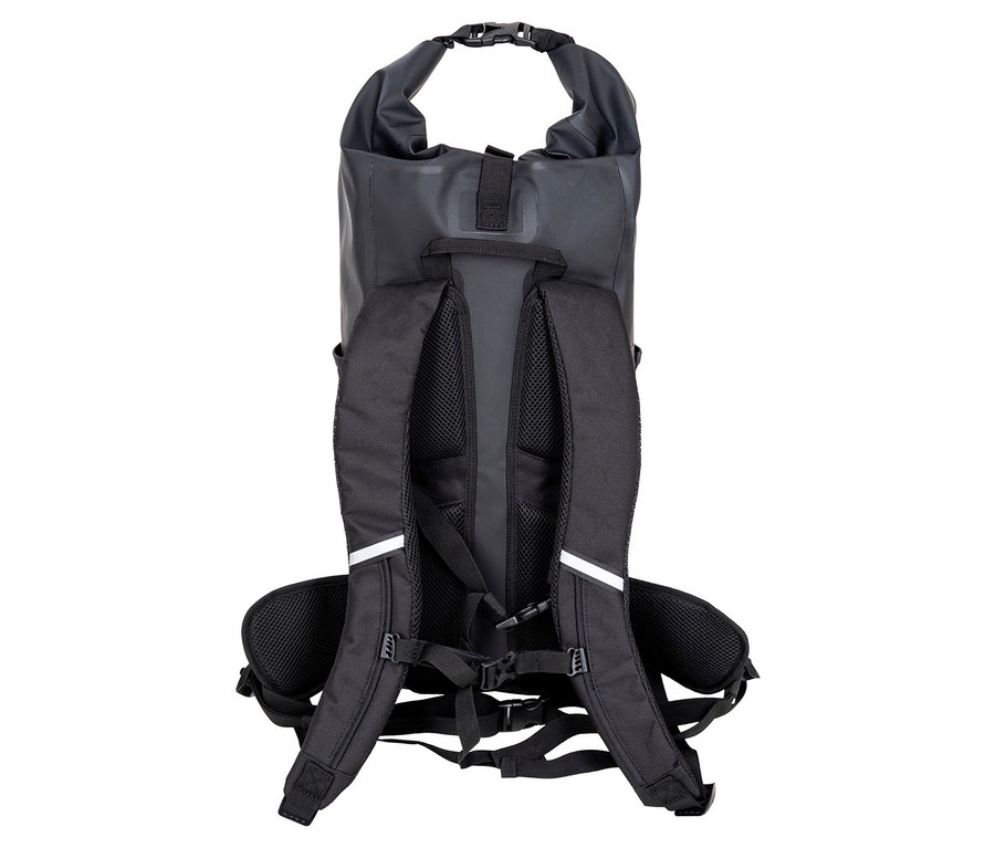Rückansicht des schwarzen F2 Rucksack »Swell Happiness«, 35 l mit Rollverschluss und verstellbaren Trägern.